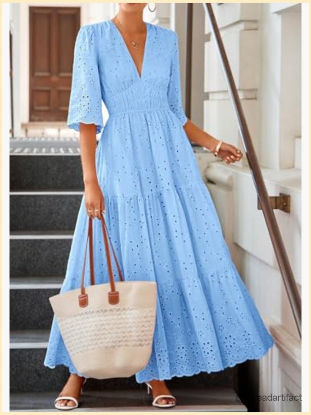 Long Sleeve V Neck Eyelet Ruffle Swing A-Line Boho Maxi Dress - Picture 6 of 7